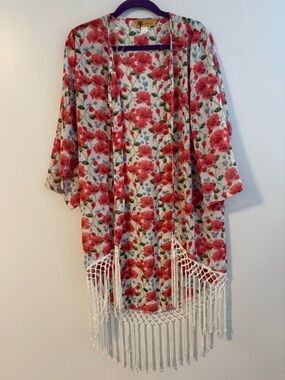 Dolce Bonita Floral Kimono Fringe Open Front Bikini CoverUp 3/4 long sleeve L
